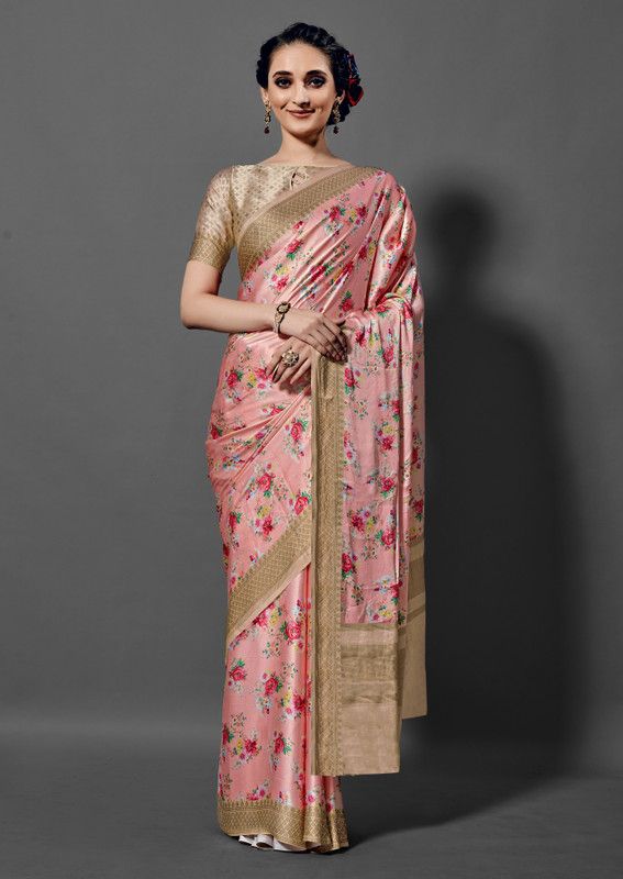 Floral Print Bollywood Crepe Saree  (Pink)