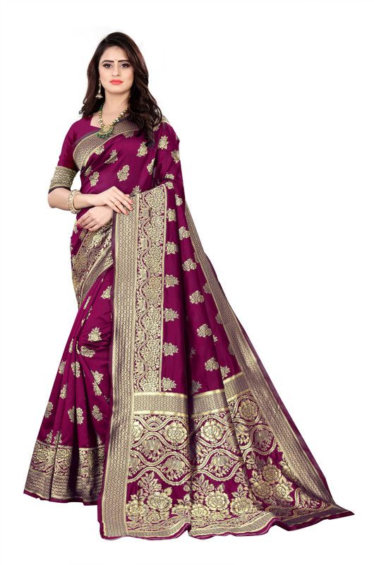 Self Design, Embellished, Woven Kanjivaram Jacquard, Silk Blend Saree  (Magenta)