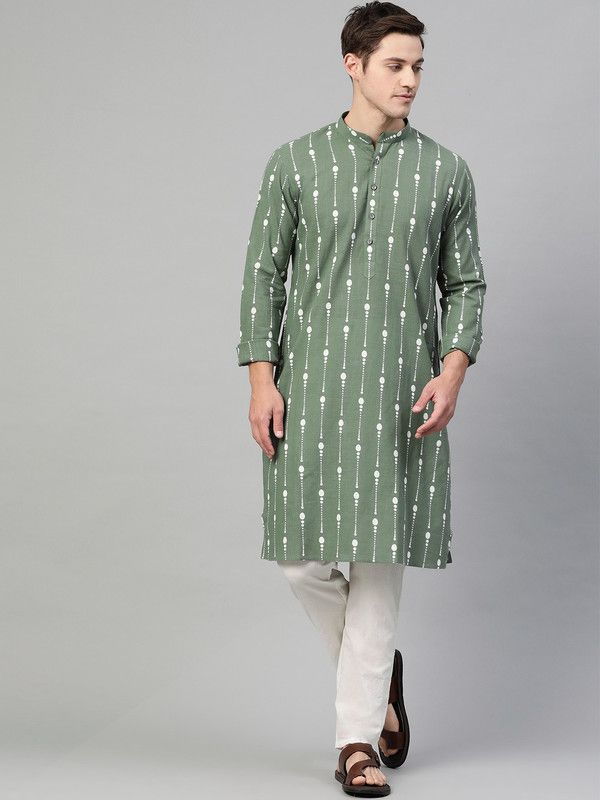 Men Polka Print Cotton Blend Straight Kurta  (Green)