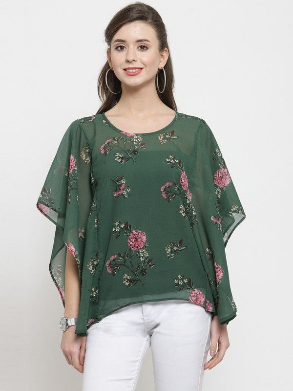 Casual Kaftan Sleeve Printed Women Green Top
