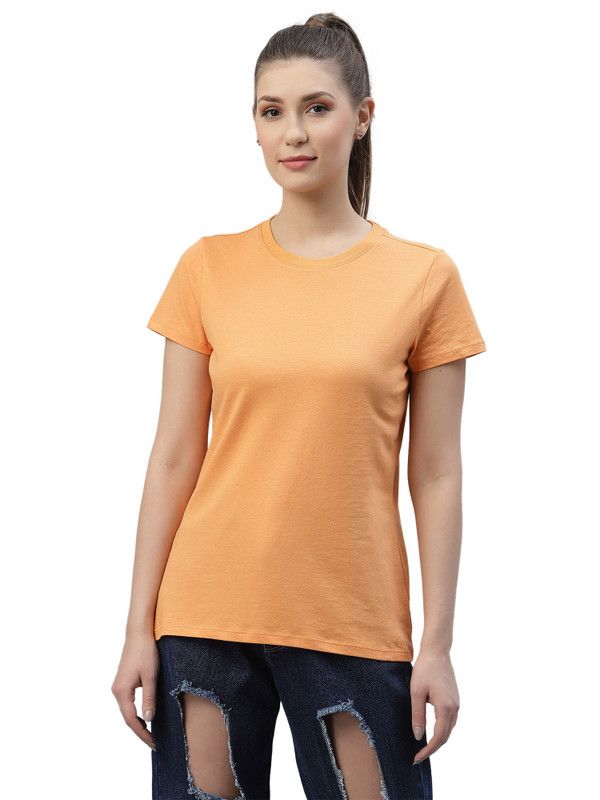 Womens Cotton Regular Fit Half Sleeve Solid T-Shirt (Light Orange) Women Solid Round Neck Pure Cotton Orange T-Shirt