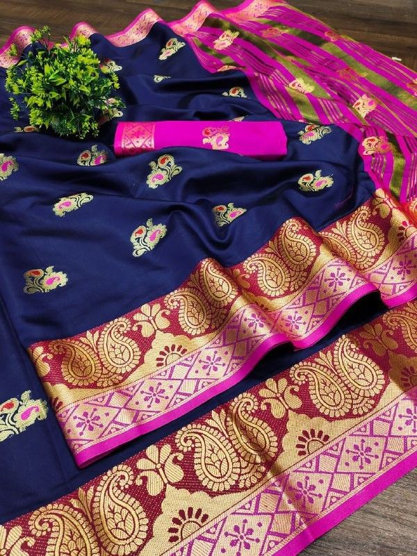 Kanjivaram Jacquard Saree  (Dark Blue, Pink)