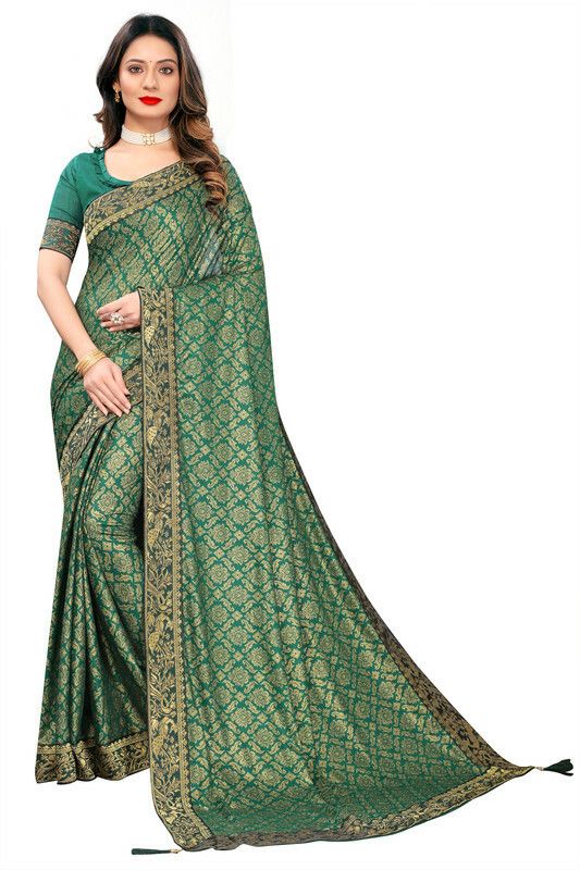 Embellished Leheria Silk Blend Saree  (Green)