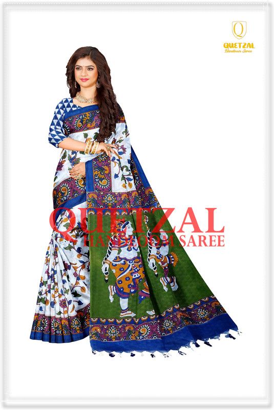Printed Sambalpuri Pure Cotton Saree  (White)