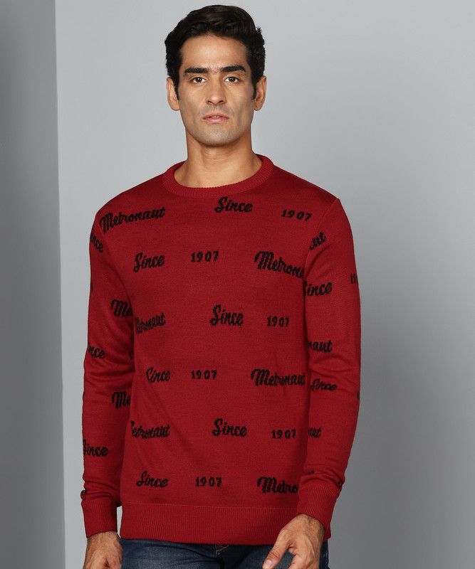 Men Self Design Crew Neck Red Sweater