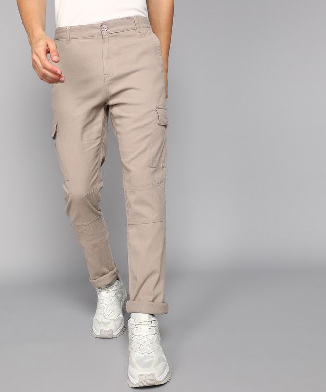Slim Fit Men Cotton Blend Cream Cotton Blend Trousers