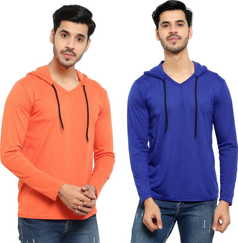Pack of 2 Men Solid Hooded Neck Cotton Blend Blue, Orange T-Shirt