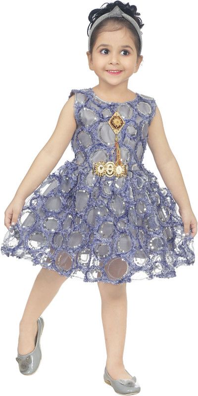 Girls Midi/Knee Length Festive/Wedding Dress  (Grey, Sleeveless)