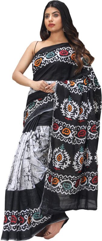 Printed Daily Wear Pure Cotton Saree  (Black, White)
