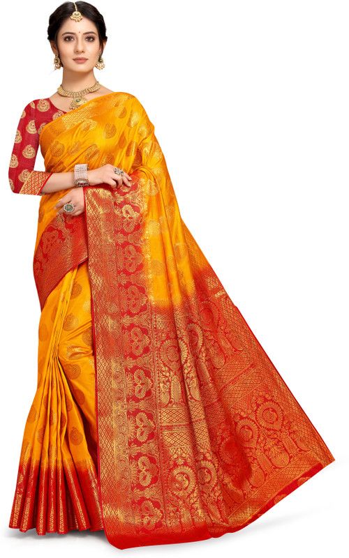 Printed Kanjivaram Jacquard Saree  (Red, Yellow)