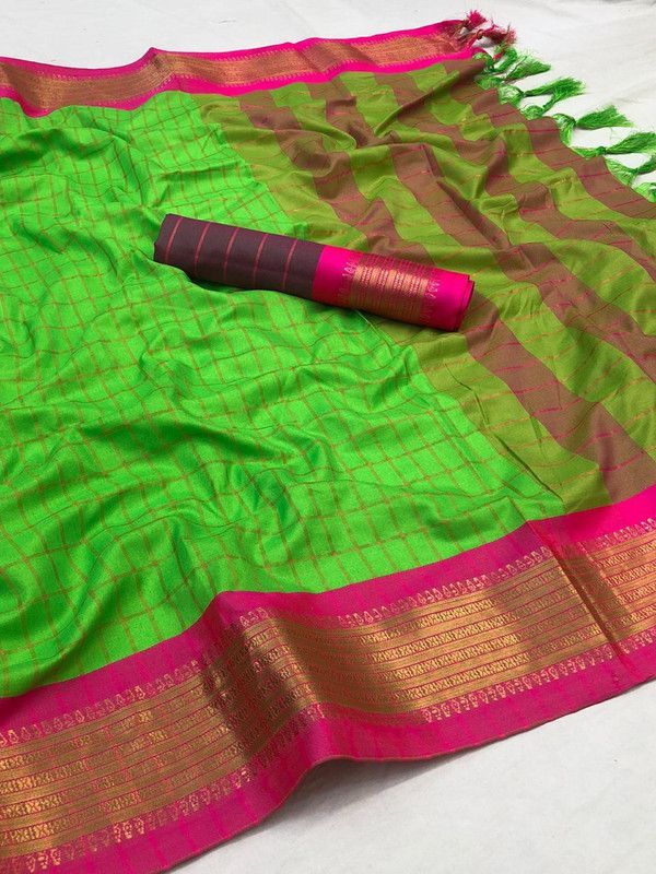 Madurai Cotton Silk Saree  (Green, Pink)