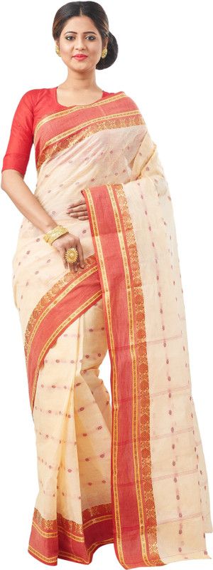 Self Design Tant Cotton Blend Saree  (Beige)