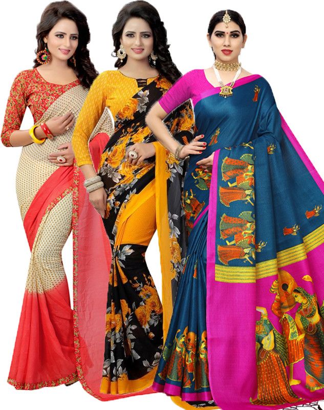 Printed Bollywood Georgette Saree  (Pack of 3, Red, Yellow, Pink)