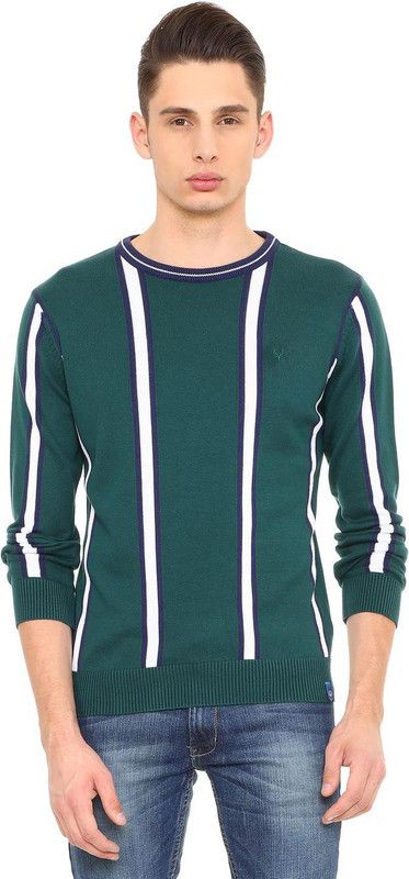 Men Striped Crew Neck Green Sweater