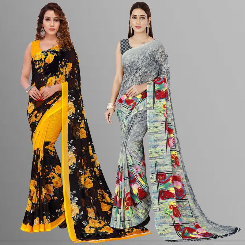 Floral Print Daily Wear Georgette Saree  (Pack of 2, Black, Grey, Yellow)