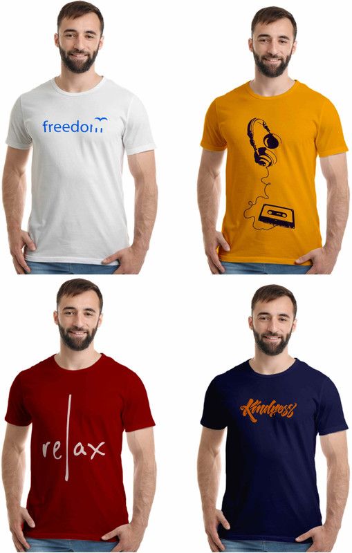 Pack of 4 Men Printed Round Neck Pure Cotton Maroon, Dark Blue, White, Gold T-Shirt
