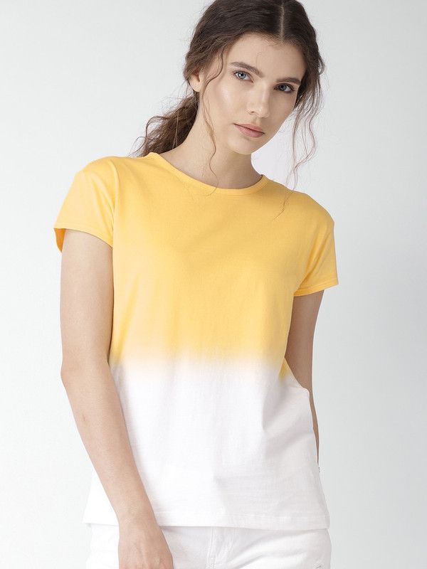 Women Washed/Ombre Round Neck Cotton Blend White, Yellow T-Shirt