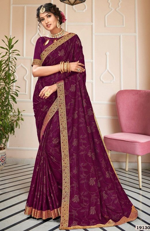Self Design Chanderi Silk Blend Saree  (Purple, Gold)
