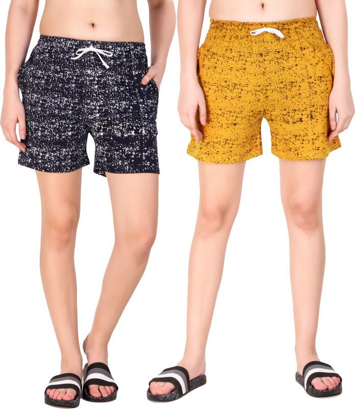 Pack of 2 Printed Women Dark Blue, Yellow Regular Shorts