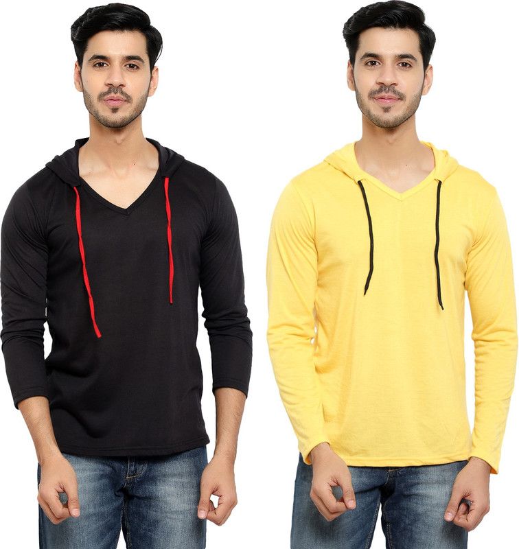 Pack of 2 HMT Men Solid Hooded Neck Cotton Blend Black, Yellow T-Shirt