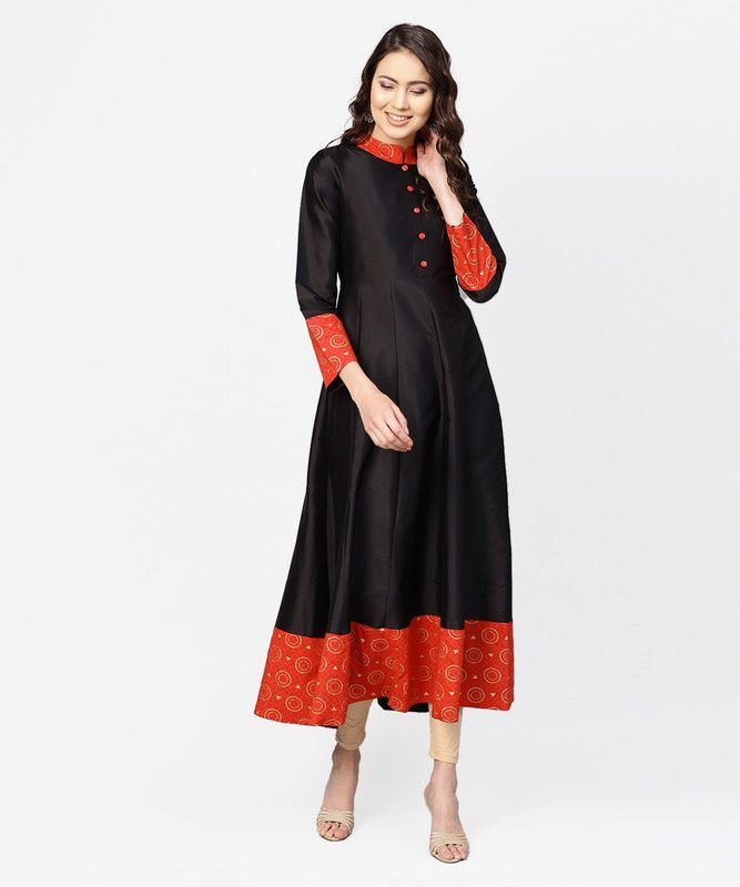 Women Printed Polyester A-line Kurta  (Black)