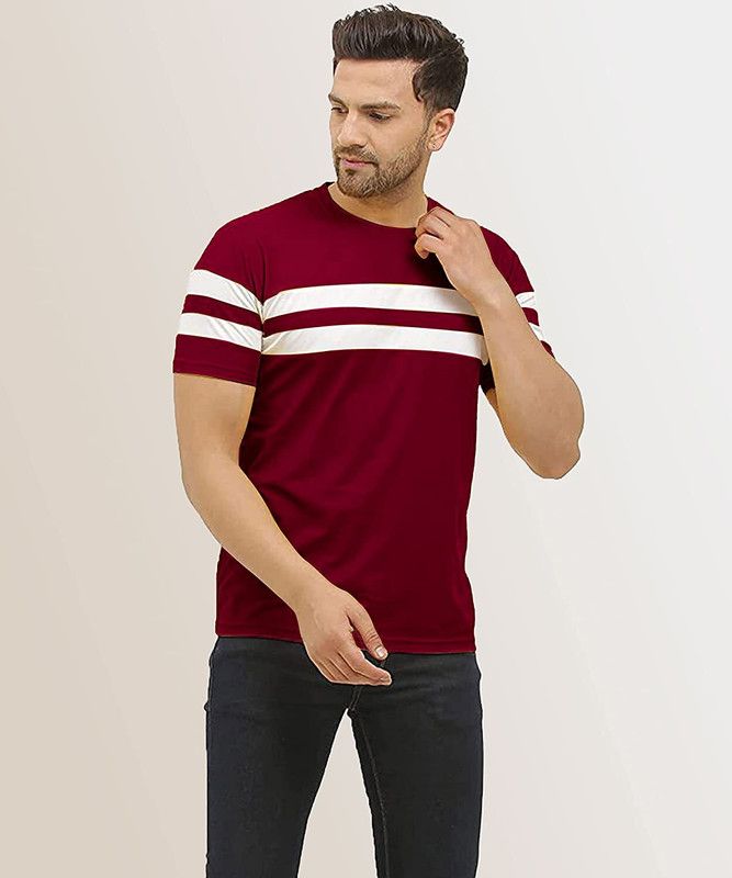 Men Striped Round Neck Nylon Purple T-Shirt
