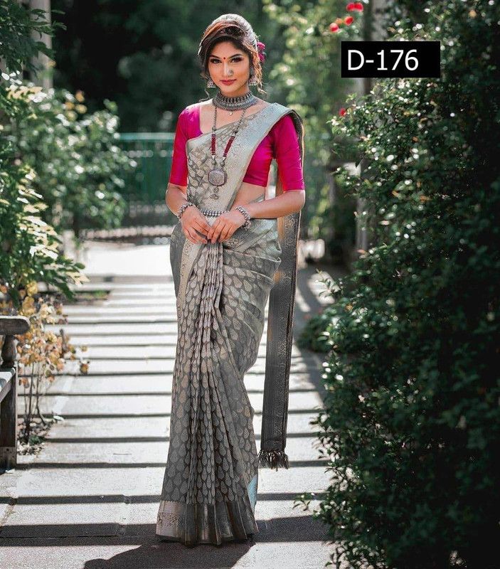 Self Design Banarasi Jacquard Saree  (Silver)