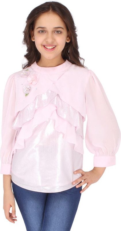Girls Casual Georgette Layered Top  (Pink, Pack of 1)