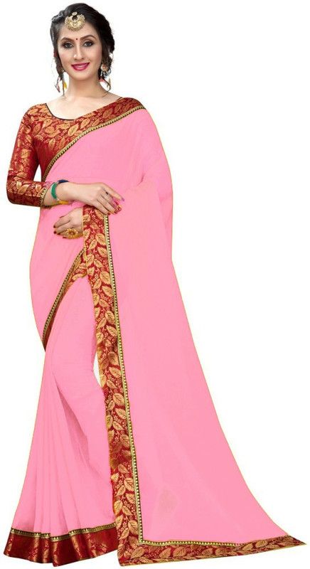 Printed, Striped, Woven, Applique, Floral Print, Dyed, Solid/Plain, Checkered Bollywood Georgette, Chiffon Saree  (Red, Pink)