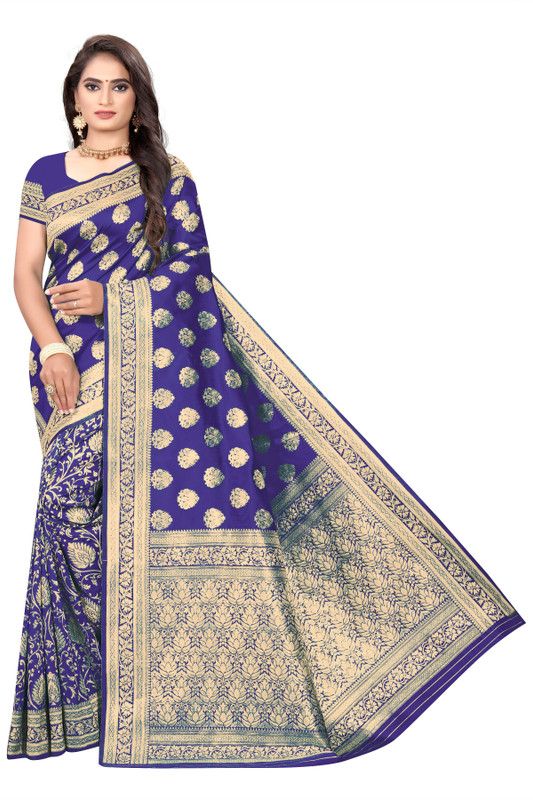 Woven Kanjivaram Silk Blend Saree  (Gold, Blue)