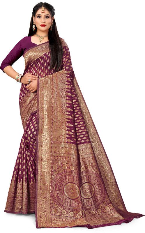 Self Design Banarasi Cotton Silk Saree  (Purple)