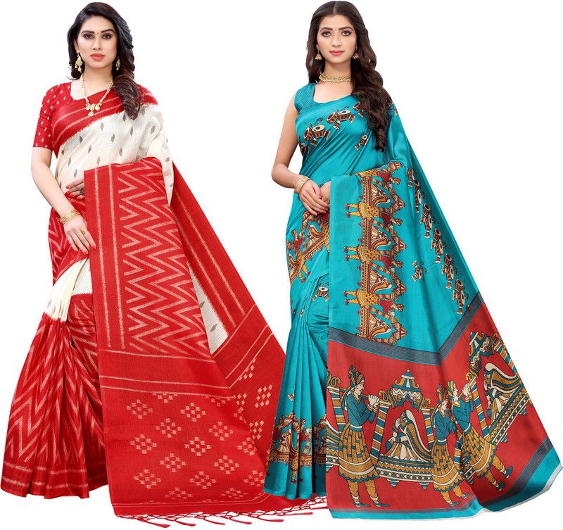 Graphic Print Bollywood Pure Silk Saree  (Pack of 2, Multicolor)