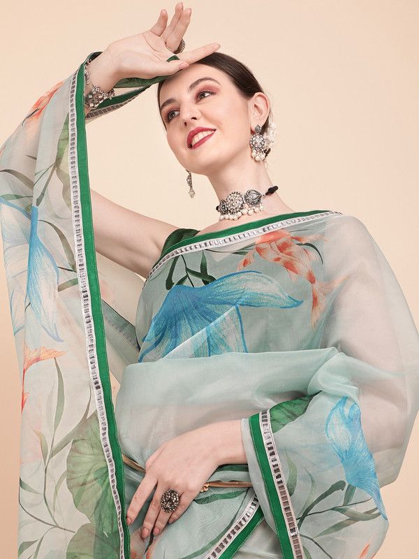Fashion Organza Saree  (Dark Green)