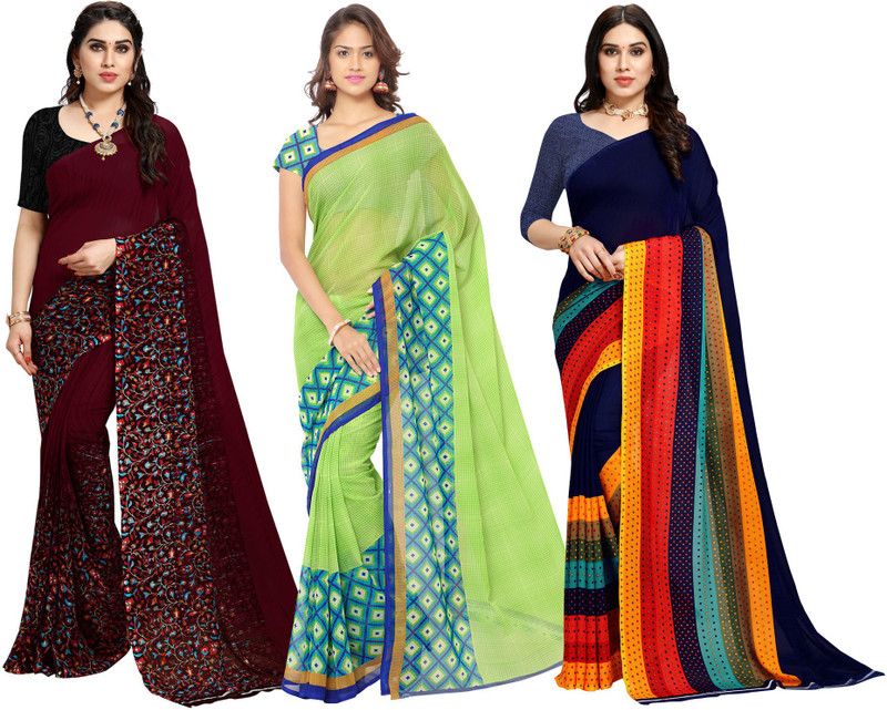 Printed Daily Wear Georgette Saree  (Pack of 3, Red, Green, Blue, Brown, Yellow)