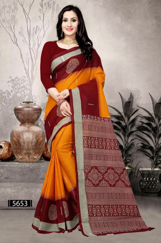 Printed Sambalpuri Pure Cotton Saree  (Gold)