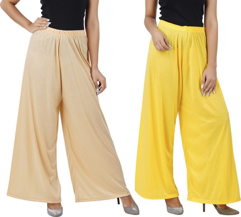 Pack of 2 Women Flared Beige, Yellow Cotton Blend Trousers