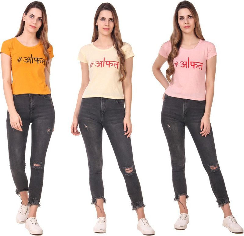 Pack of 3 Women Printed Round Neck Cotton Blend Pink, Beige, Yellow T-Shirt