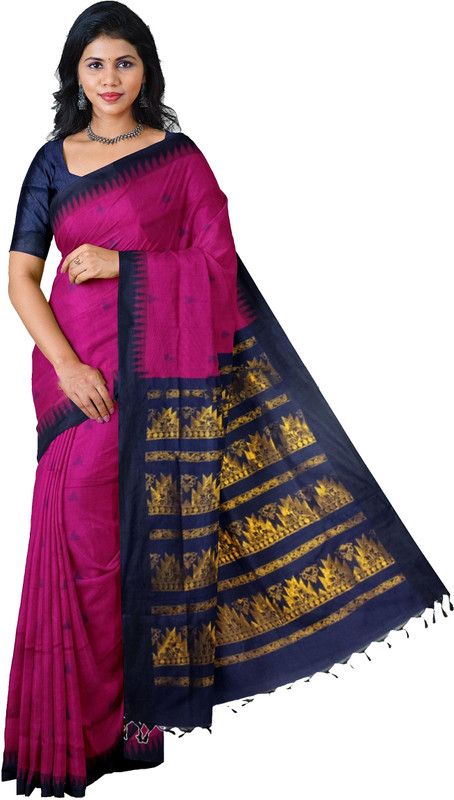 Woven Gadwal Cotton Silk Saree  (Magenta, Dark Blue)