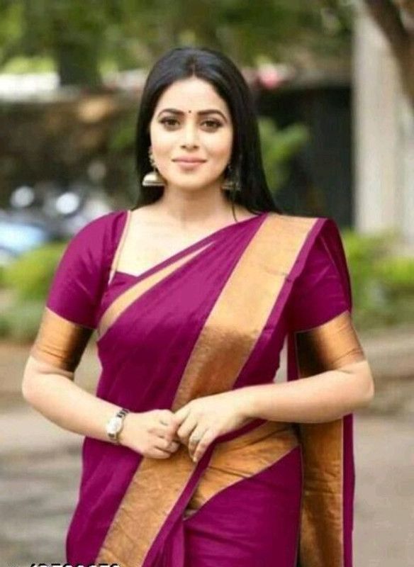 Solid/Plain Kasavu Art Silk Saree  (Purple)