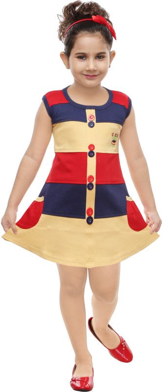 Girls Above Knee Casual Dress  (Beige, Sleeveless)