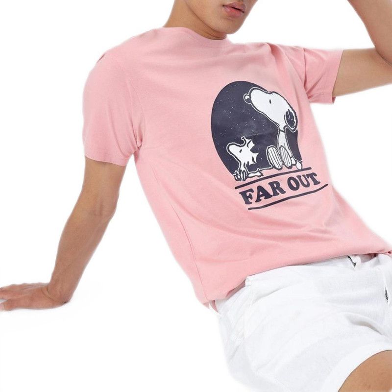 T-shirt Men Graphic Print Round Neck Pure Cotton Pink T-Shirt
