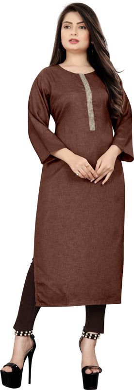Women Self Design Cotton Silk Straight Kurta  (Brown)