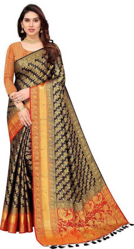 Woven Banarasi Silk Blend, Cotton Silk Saree  (Red, Black)