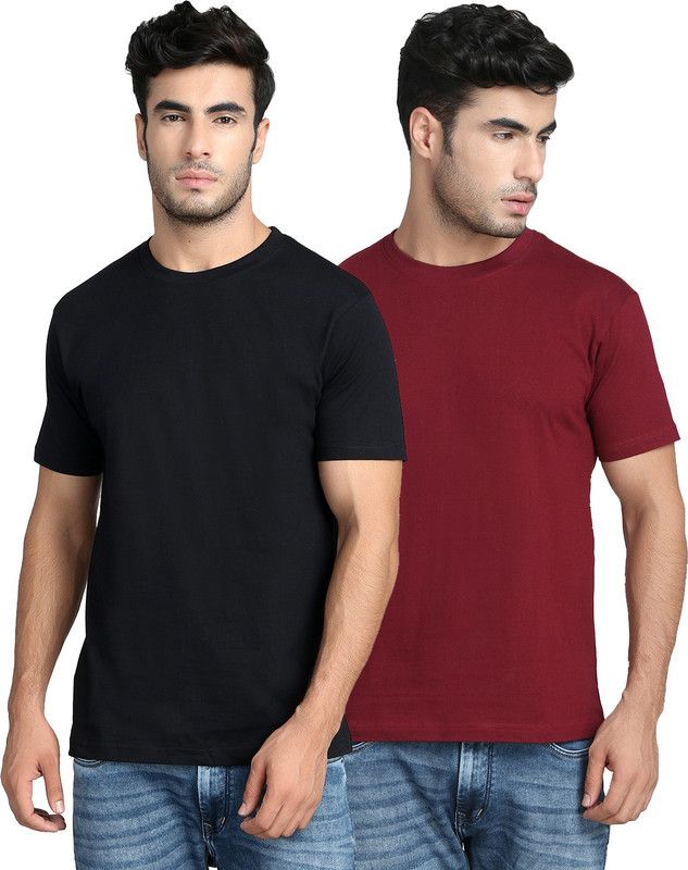 Men Self Design, Solid Round Neck Cotton Blend Maroon, Black T-Shirt
