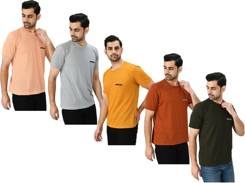 Pack of 5 Men Self Design Round Neck Polyester Multicolor T-Shirt