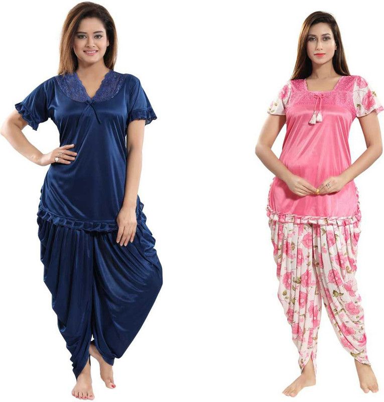 Women Top & Pyjama Set Pink, Dark Blue Printed, Solid