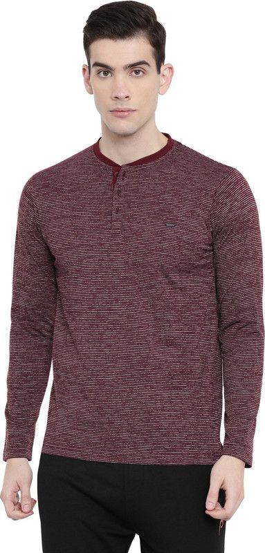 Henley Neck T-Shirt With Long Sleeves And Yarn-Dyed Stripes Men Striped Henley Neck Polyester Red T-Shirt
