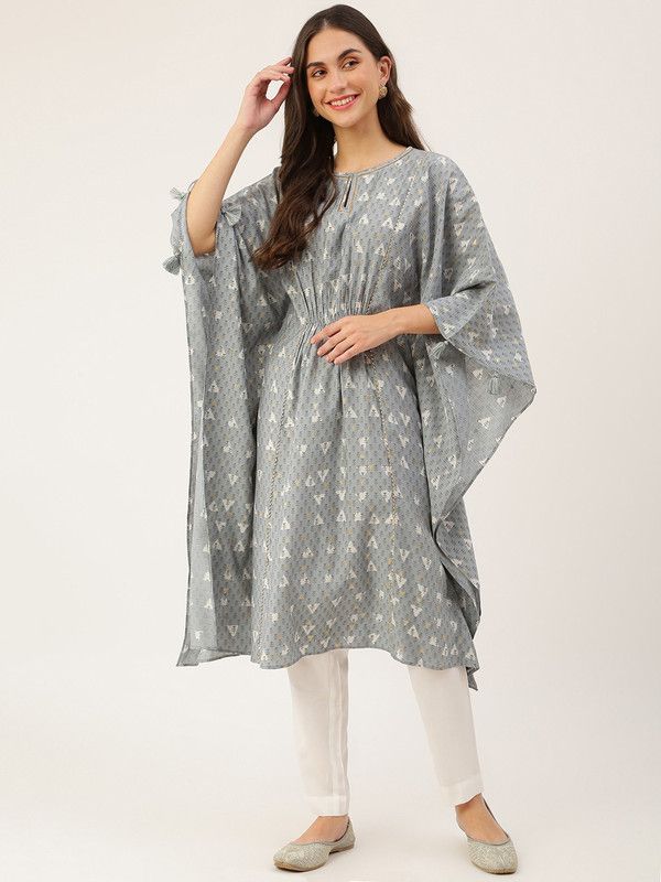 Women Printed Chanderi Kaftan Kurta  (Grey)