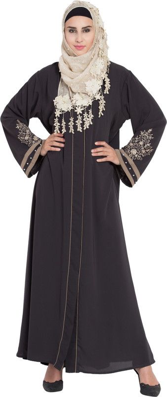 MRC MRC013Front Open Embroidered(S) Poly Silk Solid Abaya With Hijab  (Grey)