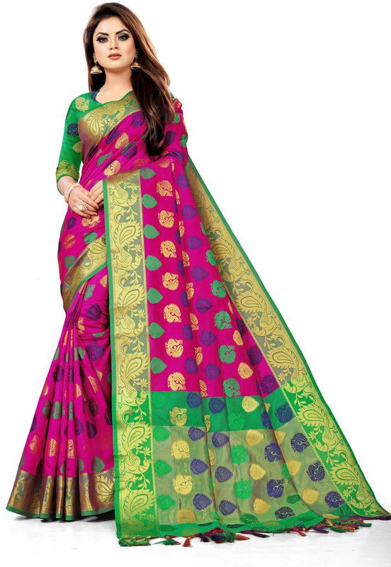 Woven Banarasi Cotton Silk Saree  (Pink, Green)